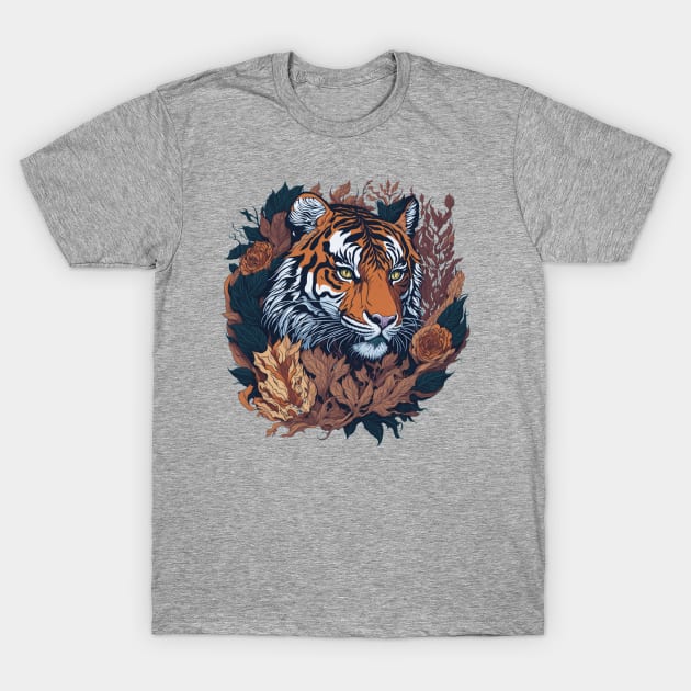 Tiger face with flowers and foliage t-shirt design, apparel, mugs, cases, wall art, stickers, water bottle T-Shirt T-Shirt by LyndaMacDesigns